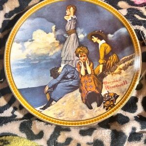 Norman Rockwell Plate with Blue Sky, Gold Rim, Brown and Cream Figures